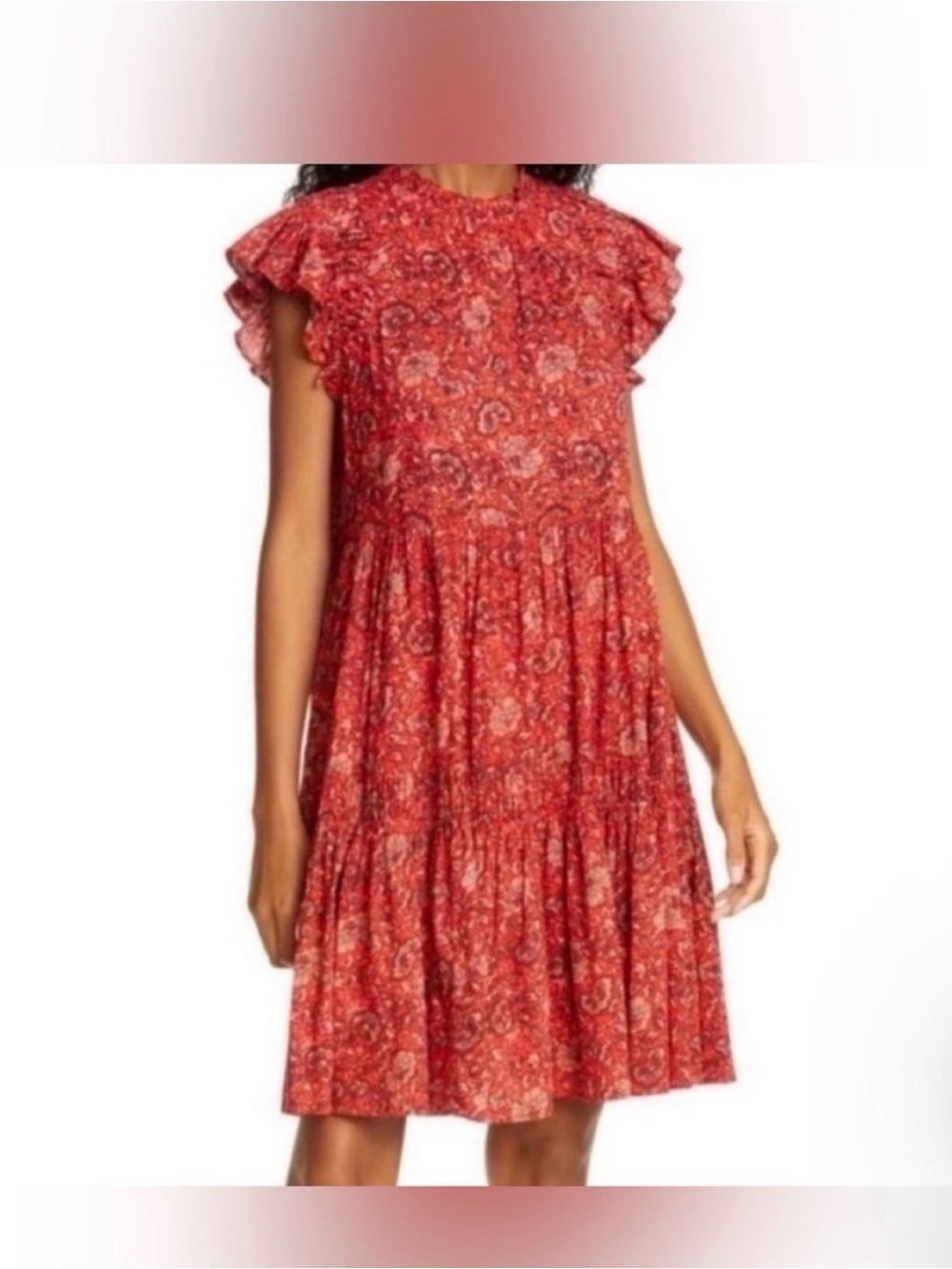 Ulla Johnson / Hana floral high neck ruttle Dress in red poppy mini O